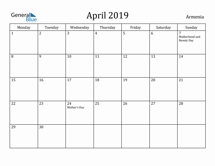 April 2019 Calendar Armenia