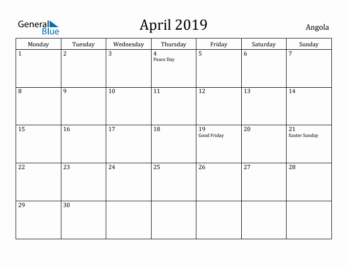 April 2019 Calendar Angola