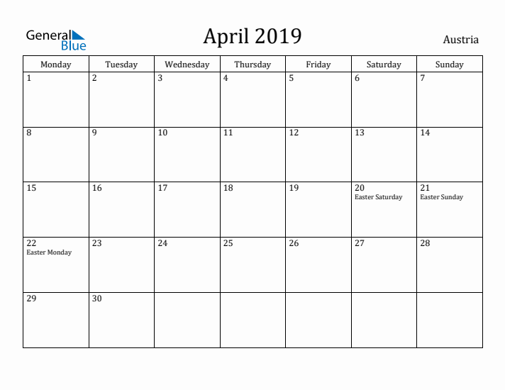 April 2019 Calendar Austria