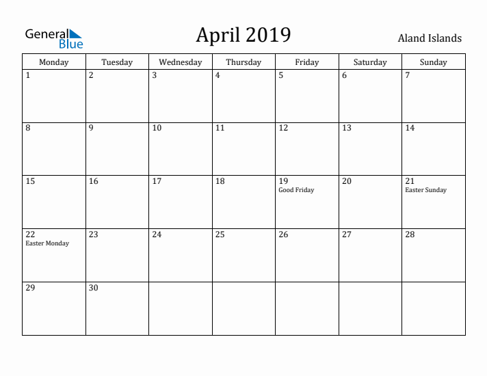 April 2019 Calendar Aland Islands