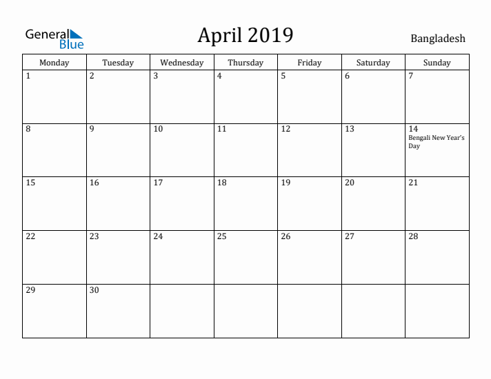 April 2019 Calendar Bangladesh