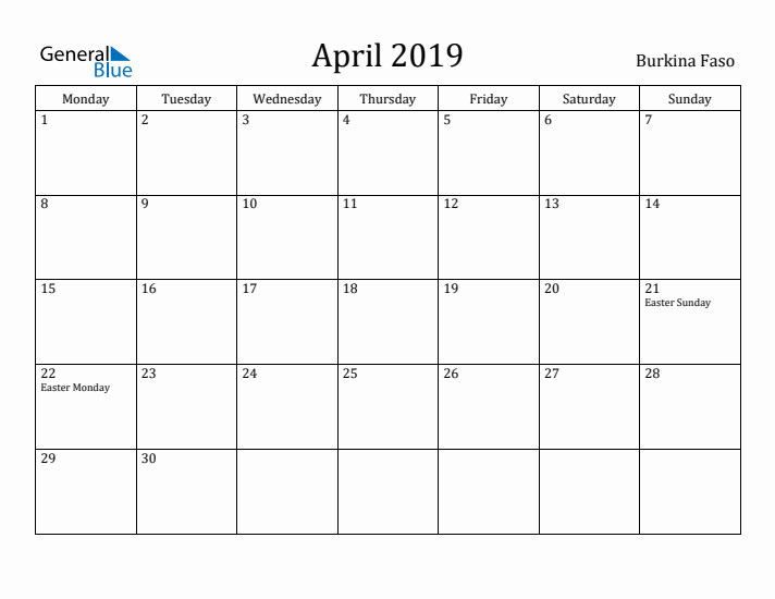 April 2019 Calendar Burkina Faso