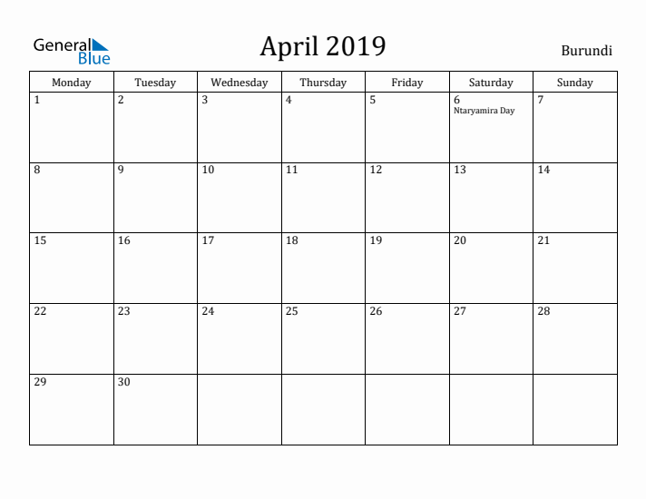 April 2019 Calendar Burundi