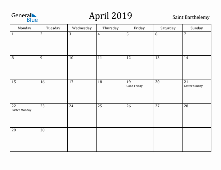 April 2019 Calendar Saint Barthelemy