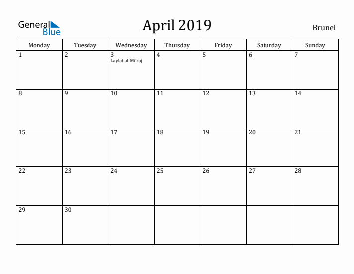 April 2019 Calendar Brunei