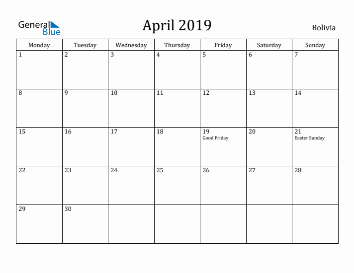 April 2019 Calendar Bolivia