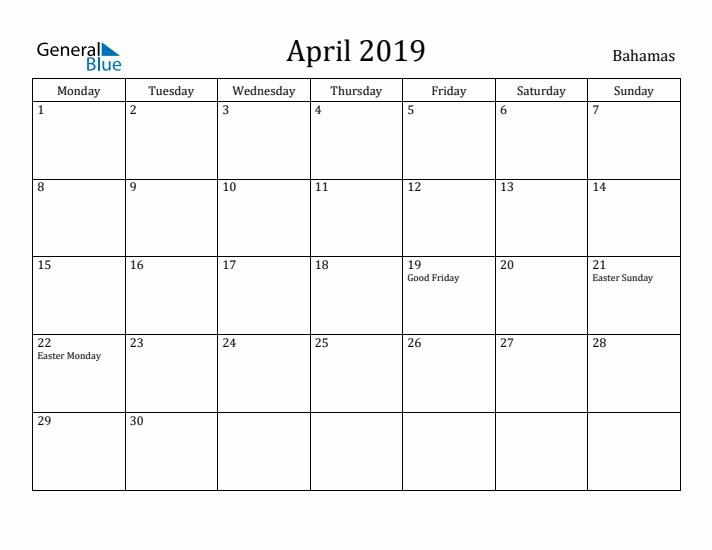 April 2019 Calendar Bahamas