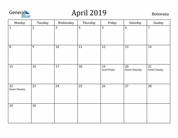 April 2019 Calendar Botswana