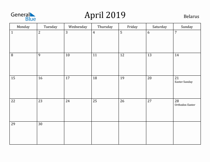 April 2019 Calendar Belarus
