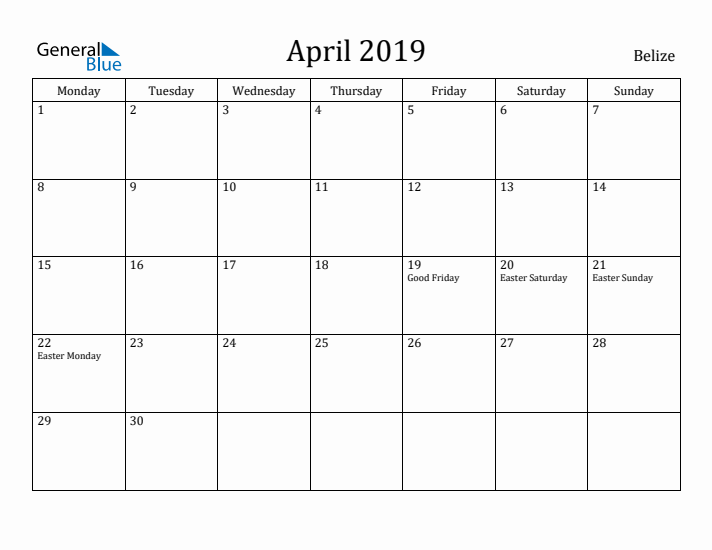 April 2019 Calendar Belize