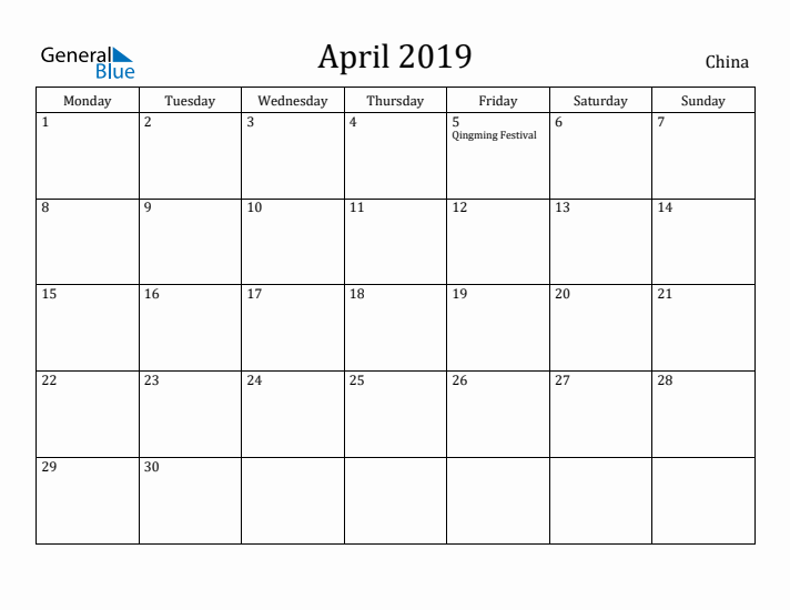 April 2019 Calendar China