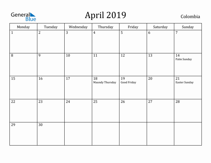 April 2019 Calendar Colombia