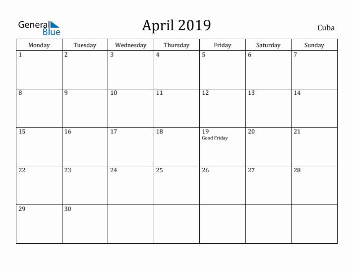 April 2019 Calendar Cuba