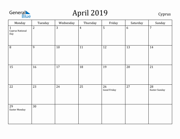 April 2019 Calendar Cyprus