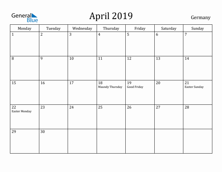 April 2019 Calendar Germany