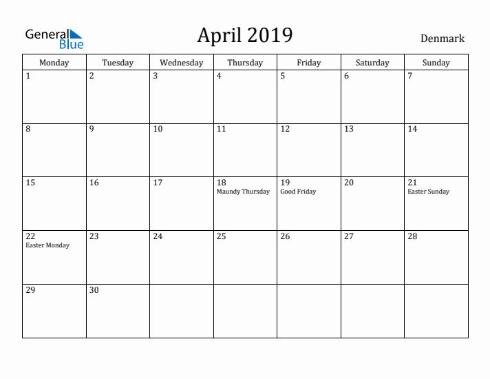 April 2019 Calendar Denmark