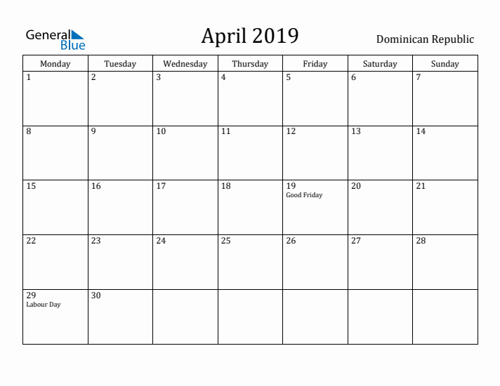 April 2019 Calendar Dominican Republic