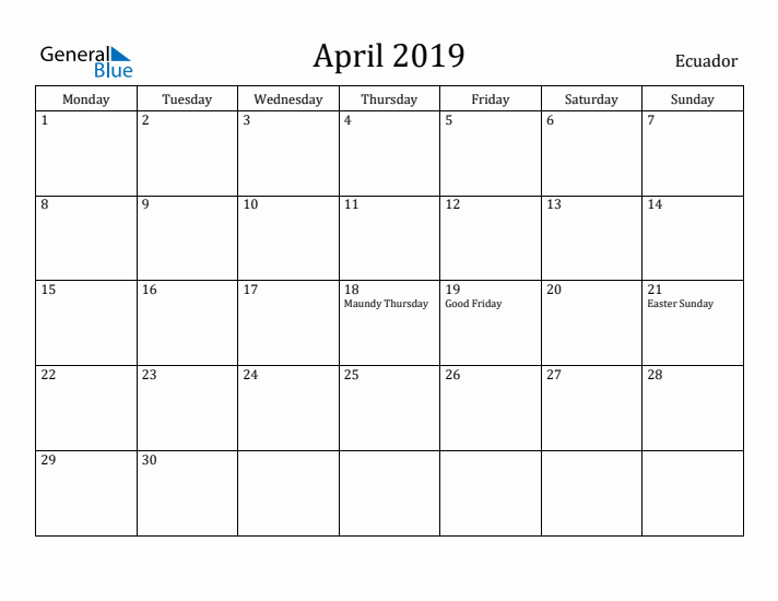 April 2019 Calendar Ecuador