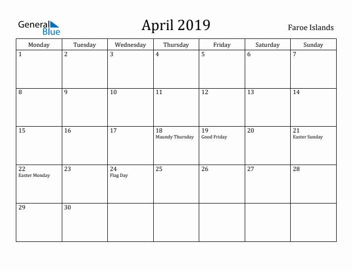 April 2019 Calendar Faroe Islands