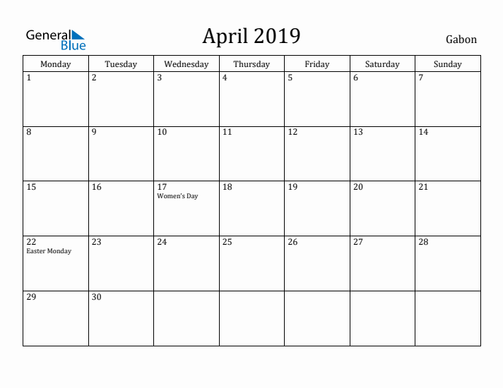 April 2019 Calendar Gabon