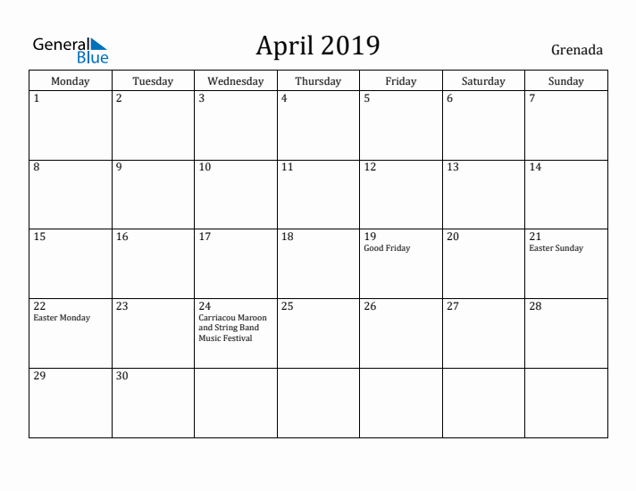 April 2019 Calendar Grenada