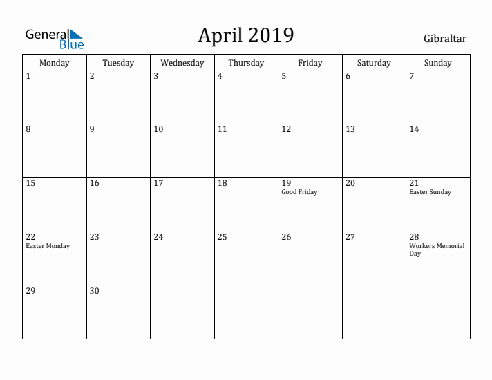April 2019 Calendar Gibraltar