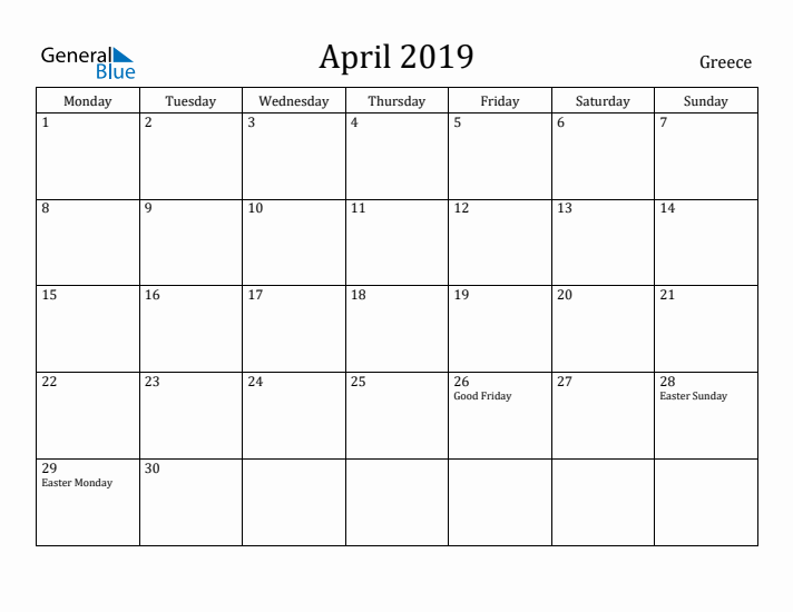 April 2019 Calendar Greece