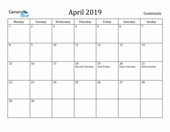 April 2019 Calendar Guatemala