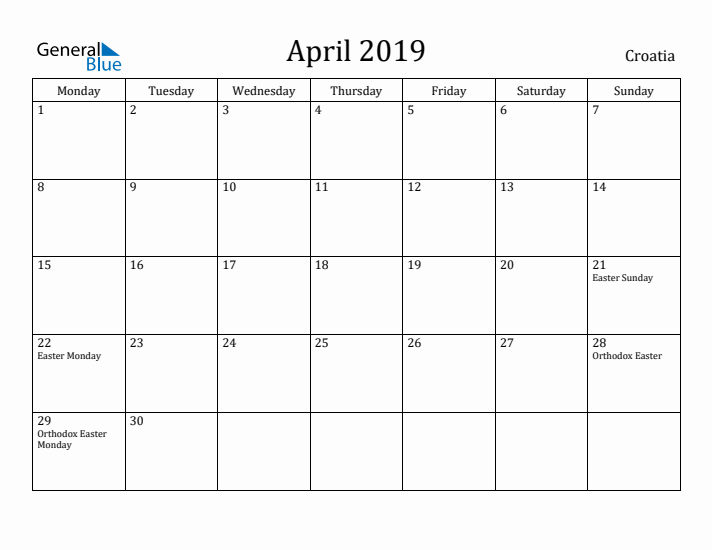 April 2019 Calendar Croatia