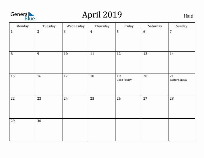 April 2019 Calendar Haiti