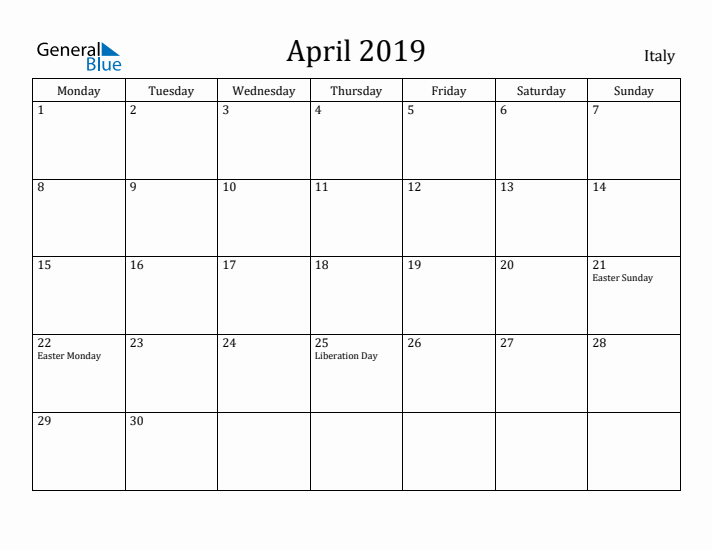 April 2019 Calendar Italy