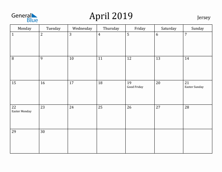 April 2019 Calendar Jersey