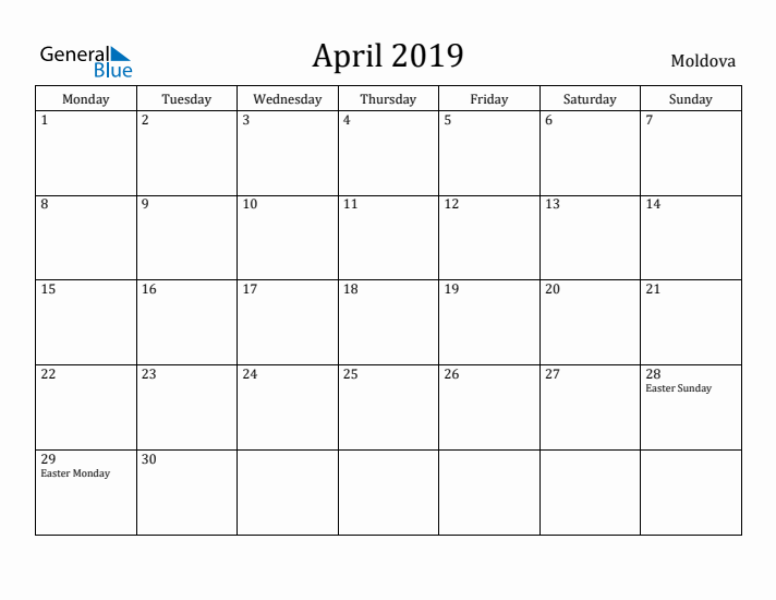 April 2019 Calendar Moldova