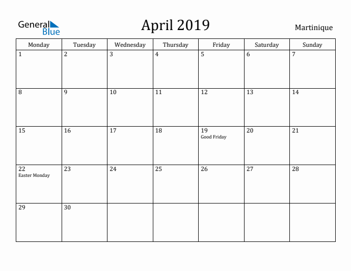 April 2019 Calendar Martinique