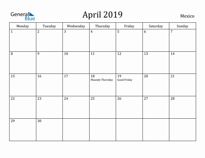 April 2019 Calendar Mexico