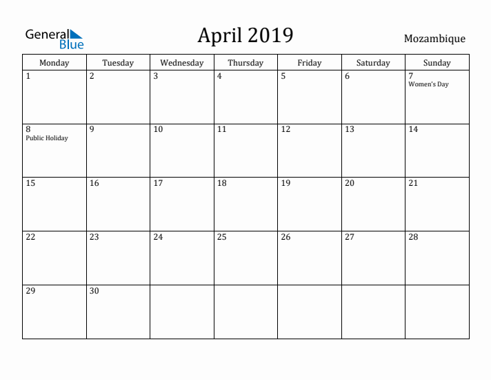 April 2019 Calendar Mozambique