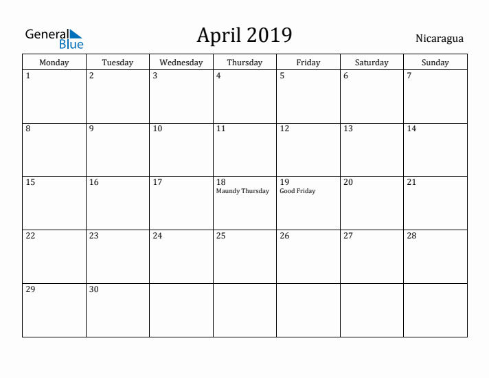 April 2019 Calendar Nicaragua