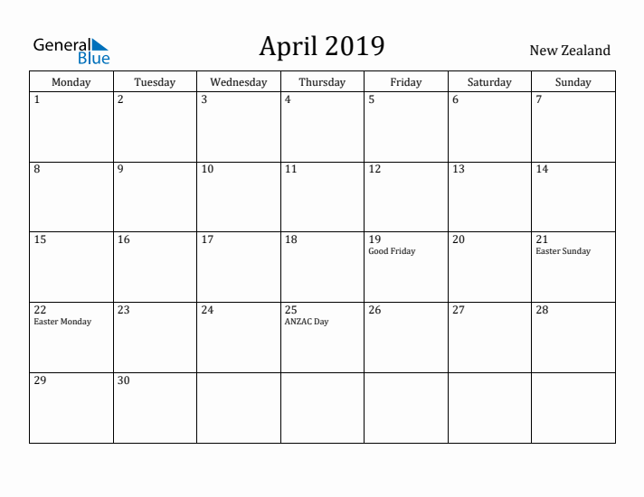 April 2019 Calendar New Zealand