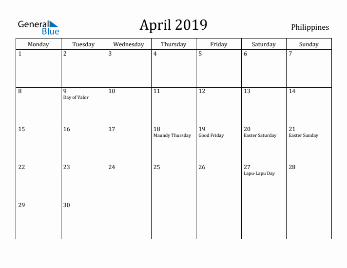 April 2019 Calendar Philippines