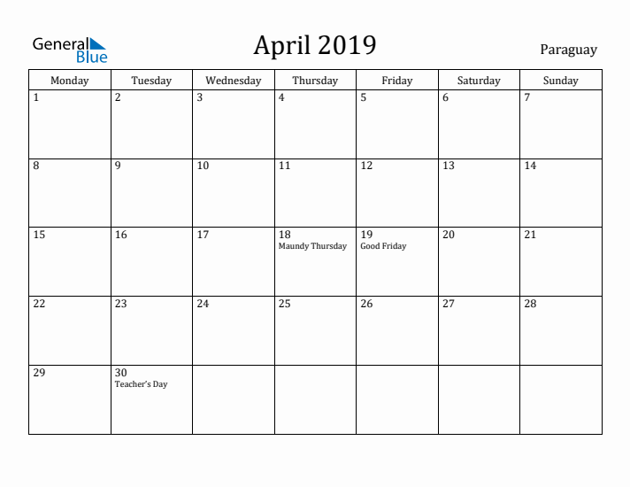 April 2019 Calendar Paraguay