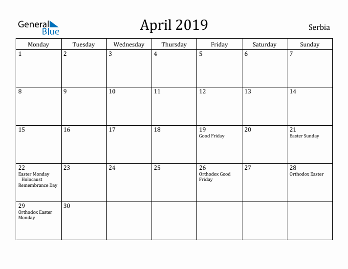 April 2019 Calendar Serbia