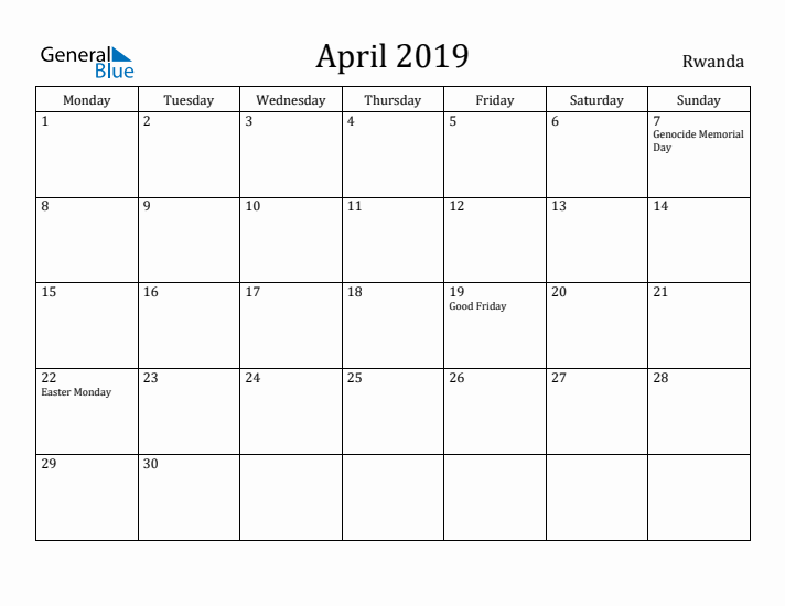 April 2019 Calendar Rwanda