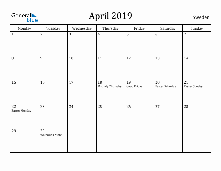April 2019 Calendar Sweden