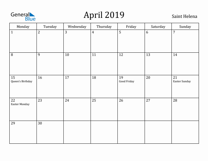 April 2019 Calendar Saint Helena