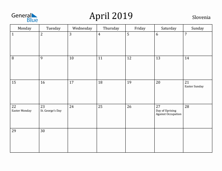April 2019 Calendar Slovenia