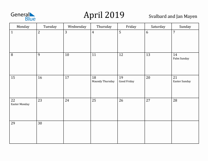 April 2019 Calendar Svalbard and Jan Mayen