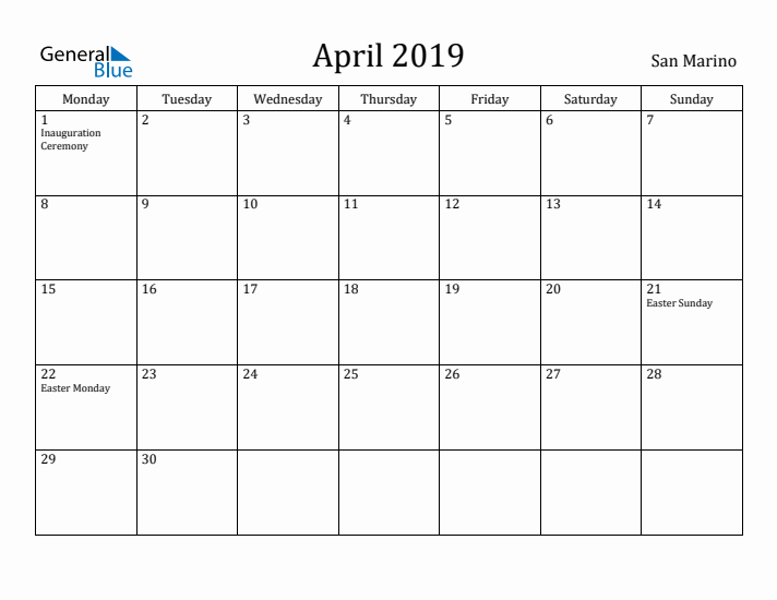 April 2019 Calendar San Marino