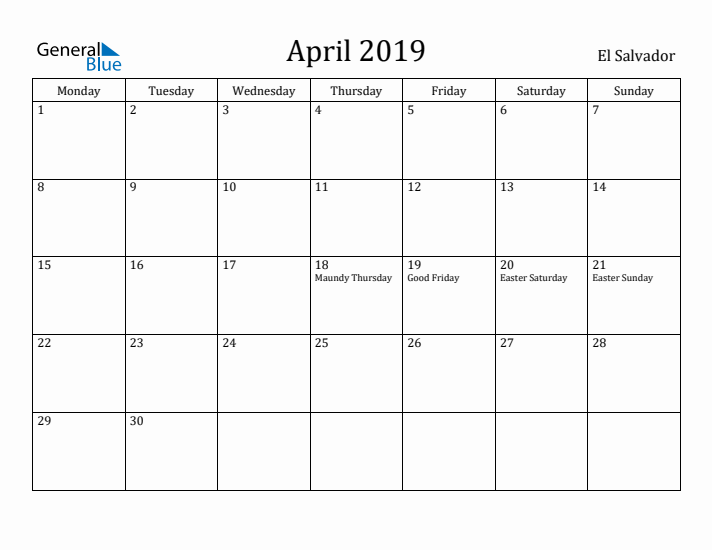 April 2019 Calendar El Salvador
