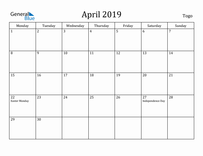 April 2019 Calendar Togo