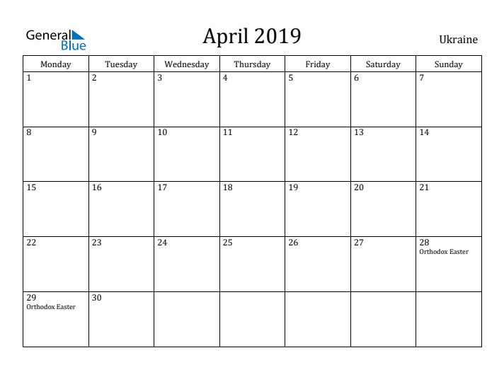 April 2019 Calendar Ukraine